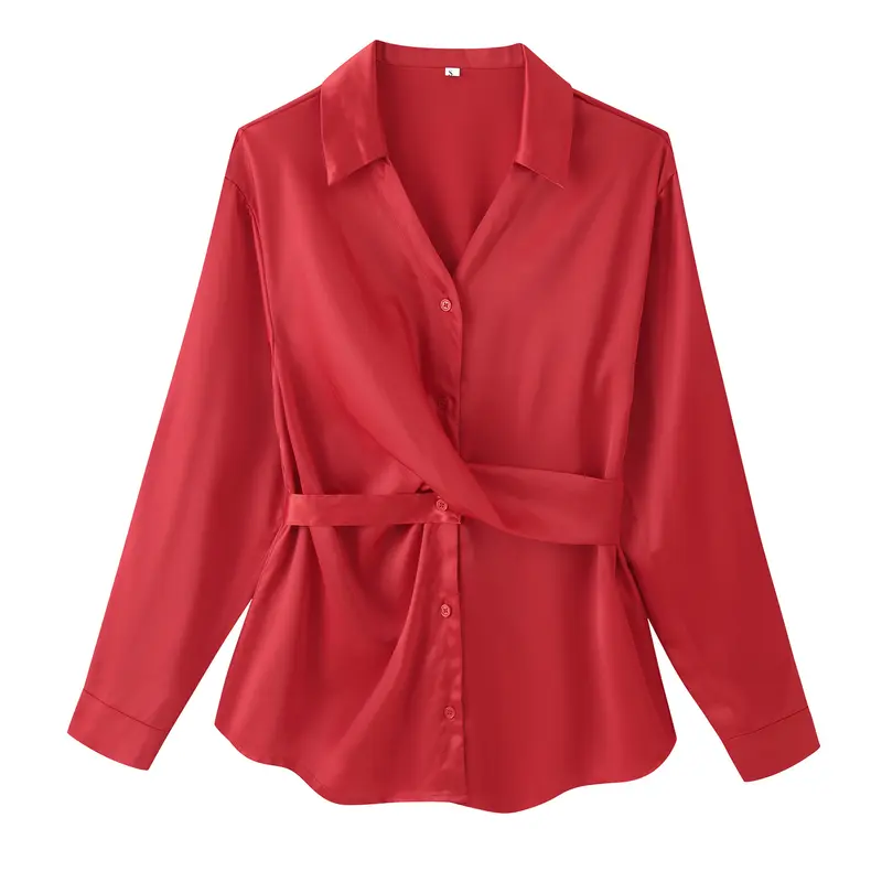 Damen Seidenglänzende Hemdbluse mit Bindegürtel und taillierendem Wickeldetail Drune