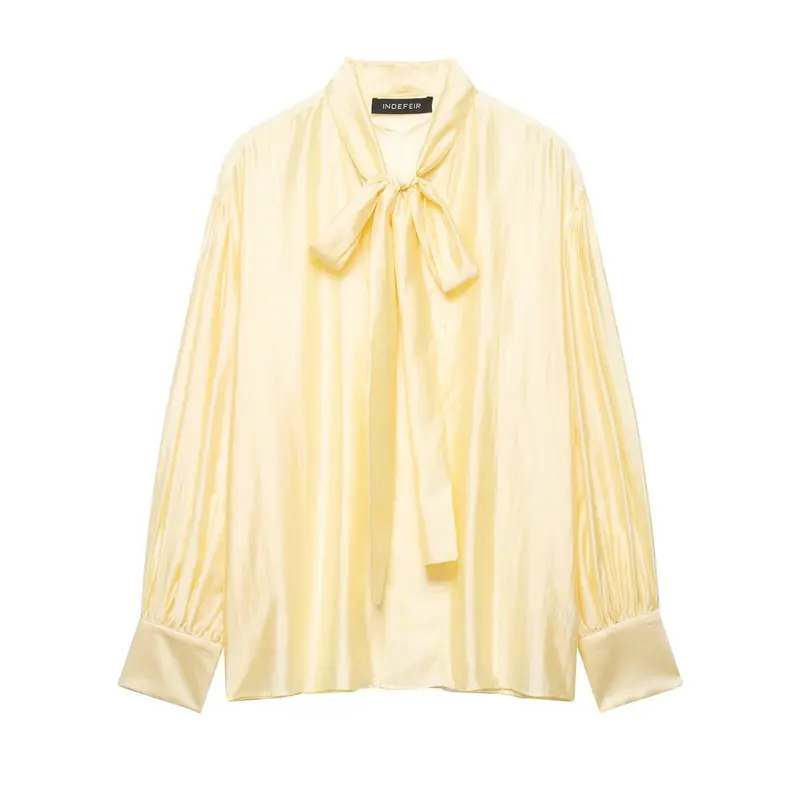 Damen Seidige Bluse mit Schleifenkragen und Ballonärmeln Drune