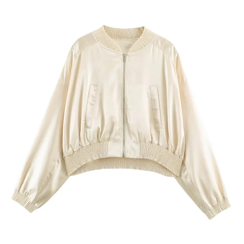 Damen Seidiger Cropped Bomber mit gerafftem Saum, Raglanärmeln und Eingrifftaschen Drune