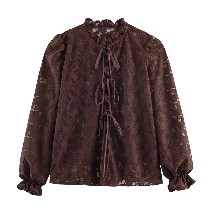 Damen Semi-transparente Jacquard‑Spitzenbluse mit Stehvolant, Kordelbindern und Ballonärmeln Drune
