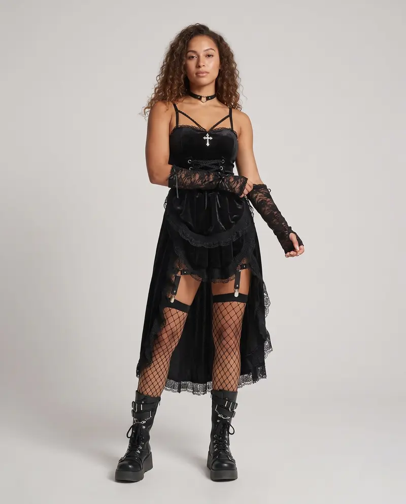 Damen Sexy Gothic Kostümkleid mit Schnürung und Rüschendetails Drune