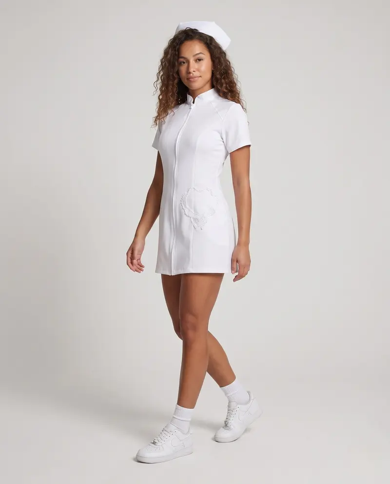 Damen sexy Krankenschwester Kostüm mit Zipper und Strumpfhalter Drune