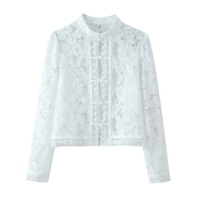 Damen Spitze Jacke mit Stehkragen, chinesischen Knoten und transparentem Floral-Design Drune