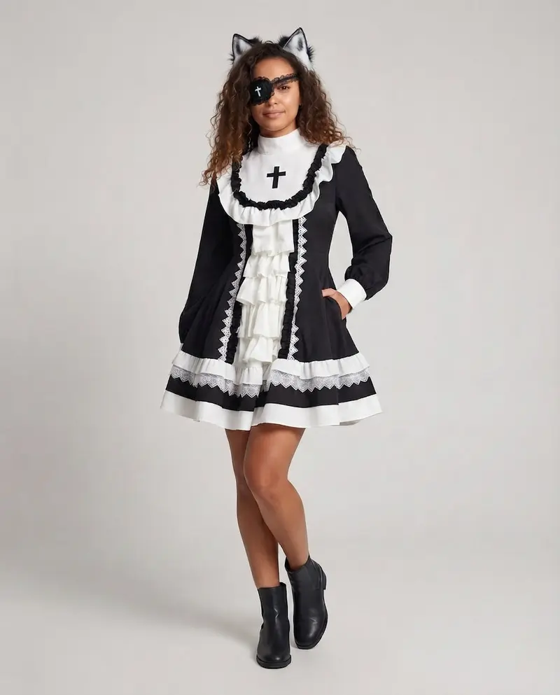 Damen Spitzen-Kleid mit Rüschen und Kreuzdetails Drune