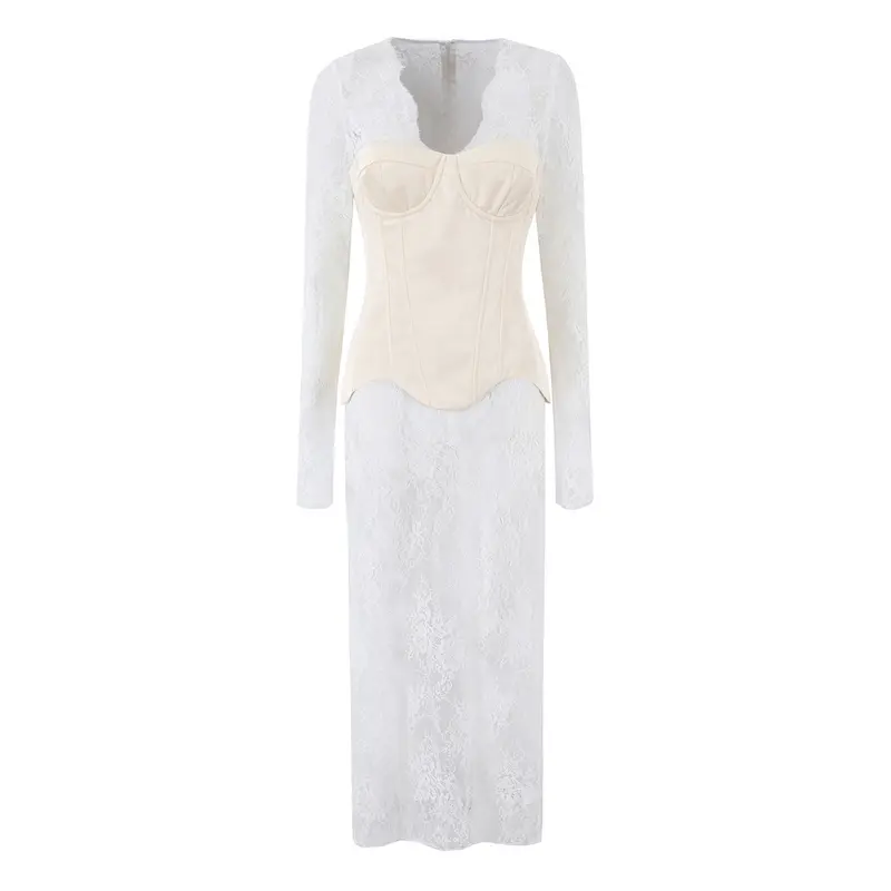Damen Spitzen‑Maxikleid mit Korsett‑Oberteil und langen Ärmeln Drune