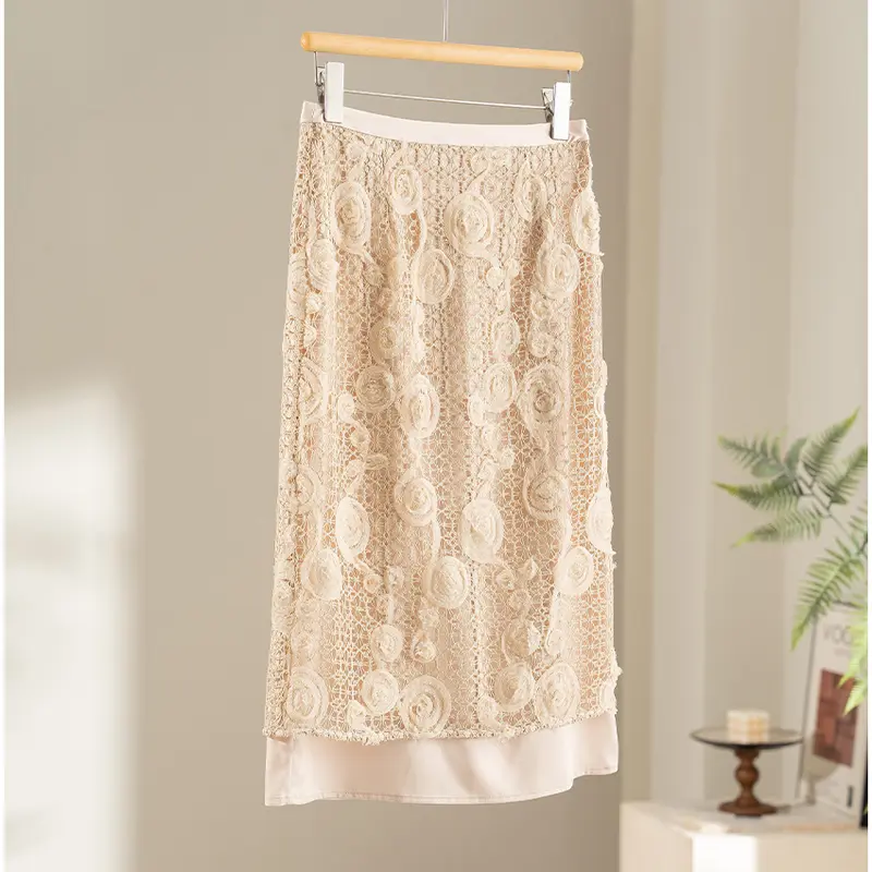Damen Spitzen-Midirock mit floraler Häkelspitze und blickdichtem Futter Drune
