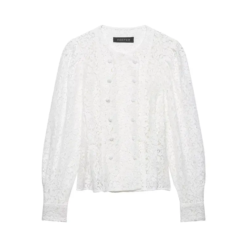Damen Spitzenbluse im Jackenlook mit floralem Spitzenmuster und Zierknopfleiste Drune
