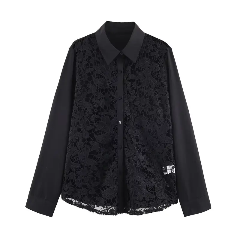 Damen Spitzenbluse mit floraler Spitze vorn, Satinärmeln und klassischem Hemdkragen Drune