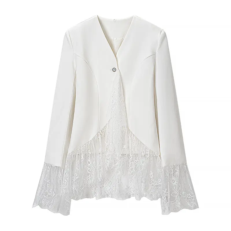 Damen Spitzenjacke mit taillierter Passform, ausgestelltem Spitzenbesatz und V-Ausschnitt Drune
