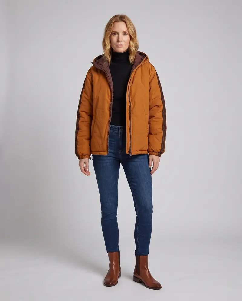 Damen städtische gesteppte Parka mit hohem Stehkragen, Kapuze und sportlichen Streifen