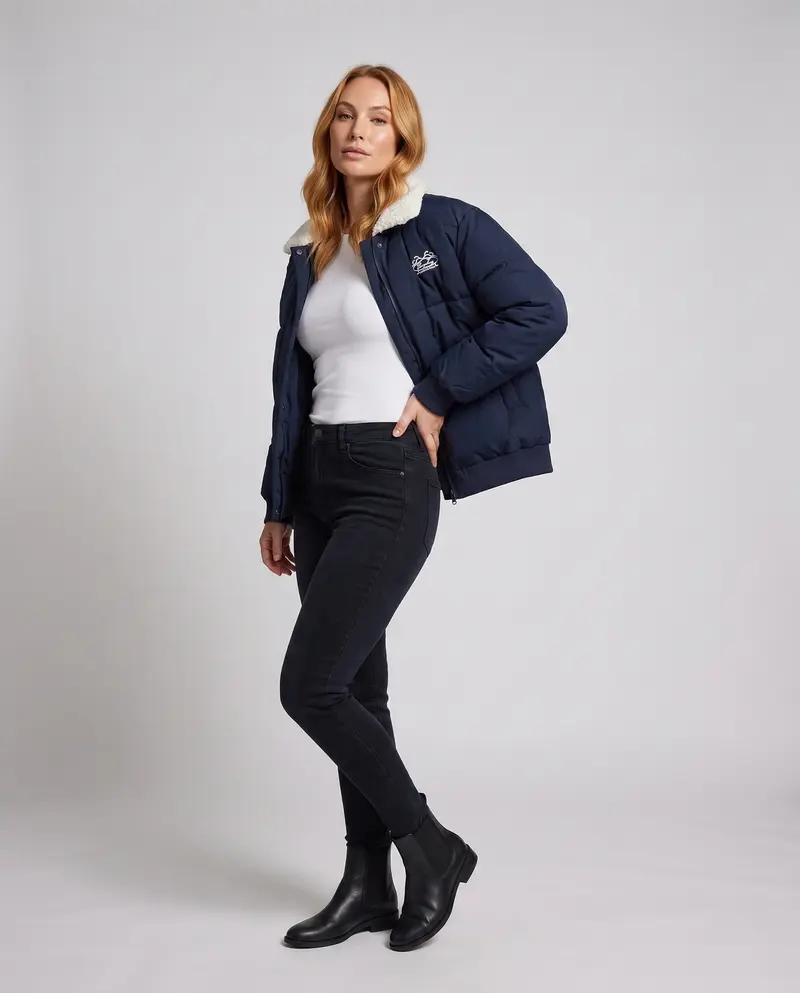 Damen städtischer boxy Puffer mit Sherpa-Schalkragen, gestepptem Quadratmuster und elastischen Rippbündchen