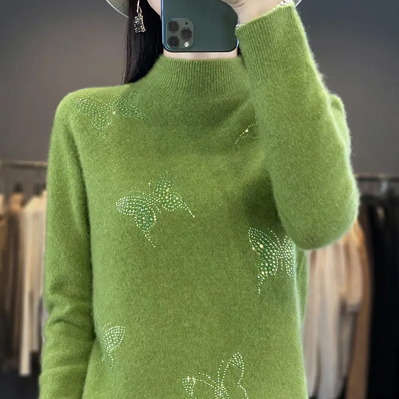 Damen Stehkragen-Feinstrickpullover mit Strass-Schmetterlingsapplikation Drune