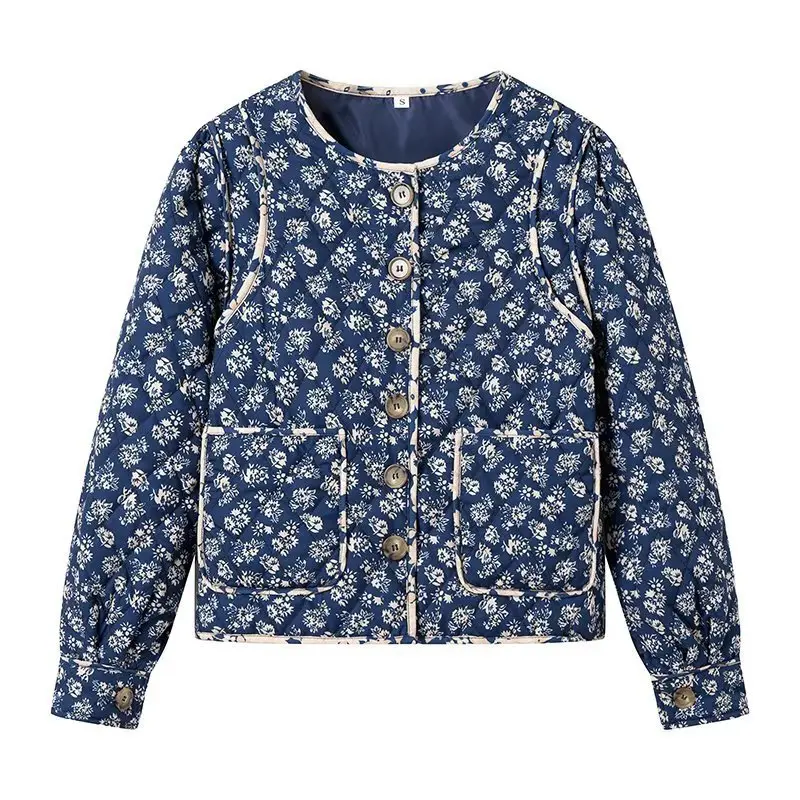Damen Steppjacke mit floralem Allover‑Muster, rundem Ausschnitt und aufgesetzten Taschen Drune