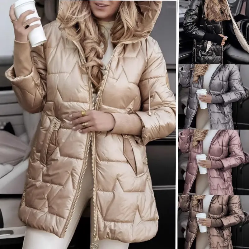 Damen Steppmantel Mid-Length mit Kapuze, wattierter Thermofüllung und taillierter Silhouette Drune