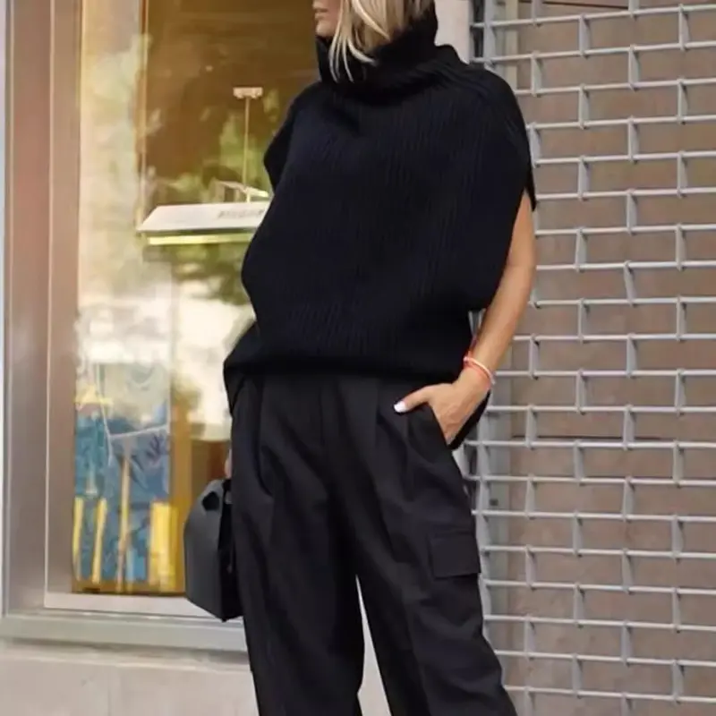 Damen Strick-Ärmellose Weste mit Rollkragen und Rippstruktur Drune