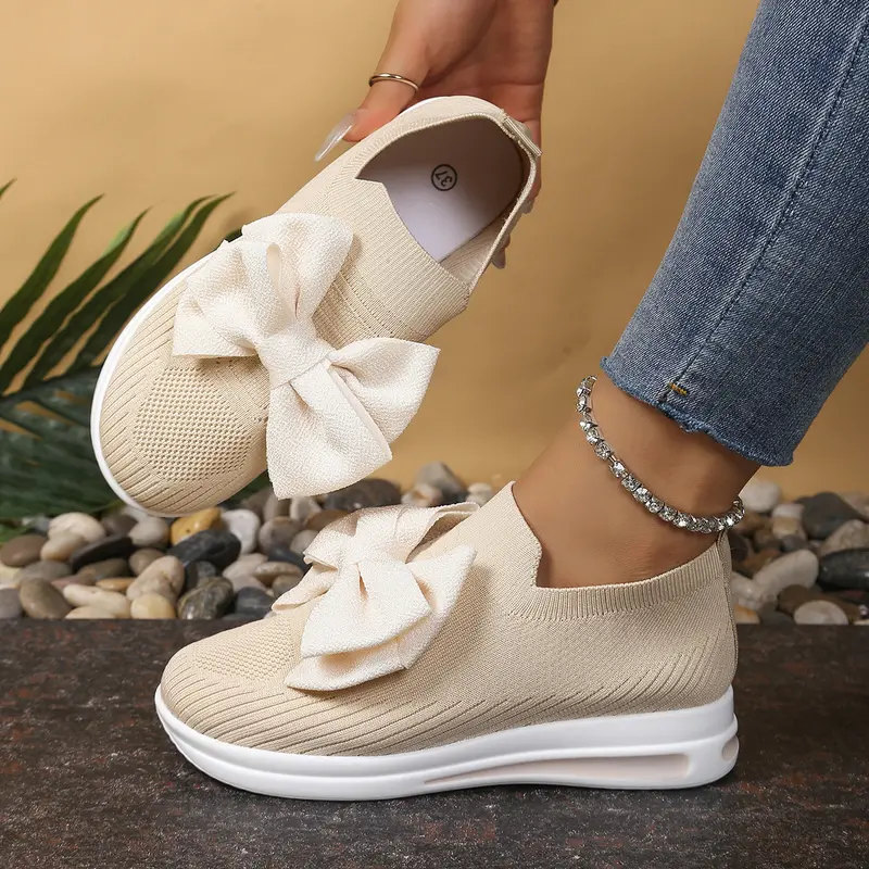 Damen Strick‑Slip‑On‑Sneaker mit großer dekorativer Schleife und atmungsaktiver Strickstruktur Drune