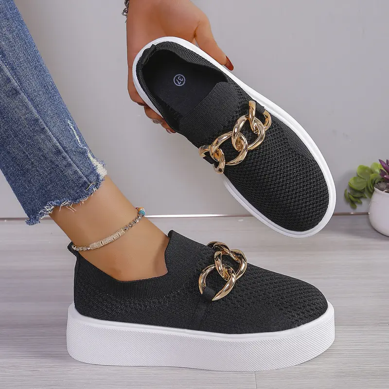 Damen Strick‑Slip‑On Sneaker mit Plateau‑Sohle und auffälliger Metallkettendeko Drune