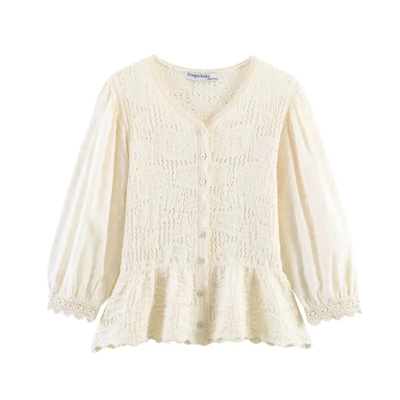 Damen Strickbluse mit Knopfreihe, Spitzenmanschetten und Volant‑Peplum Drune