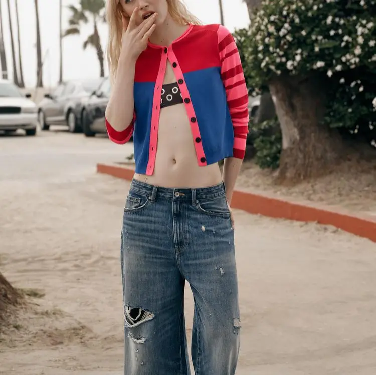 Damen Strickcardigan mit Colorblock-Front und gestreiften Ärmeln Drune
