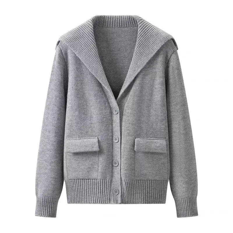 Damen Strickcardigan mit großem Schalkragen, Knopfleiste und aufgesetzten Taschen Drune