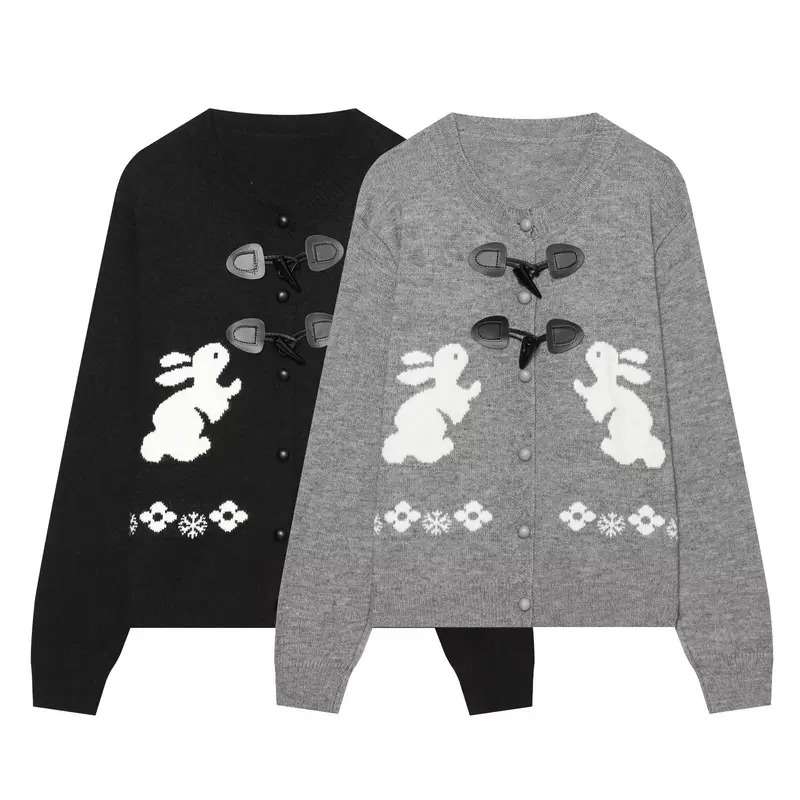 Damen Strickcardigan mit Hasenintarsien und dekorativem Knebelverschluss Drune