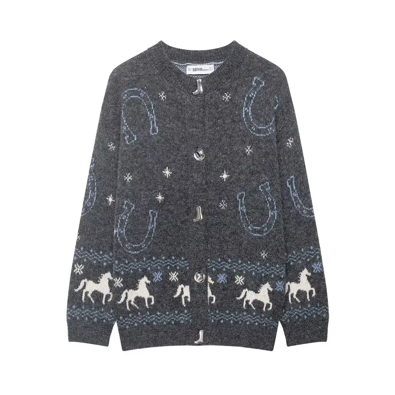 Damen Strickcardigan mit Pferde- und Hufeisen-Jacquard sowie dekorativen Stiefelknöpfen Drune