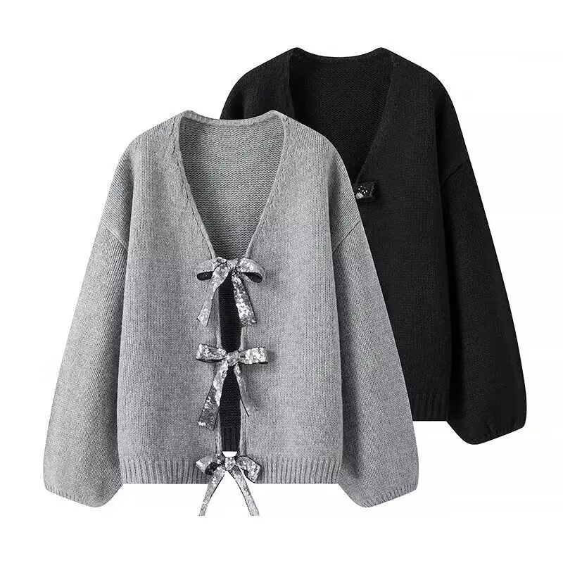 Damen Strickcardigan mit V-Ausschnitt und dreifachen Pailletten‑Schleifen Drune
