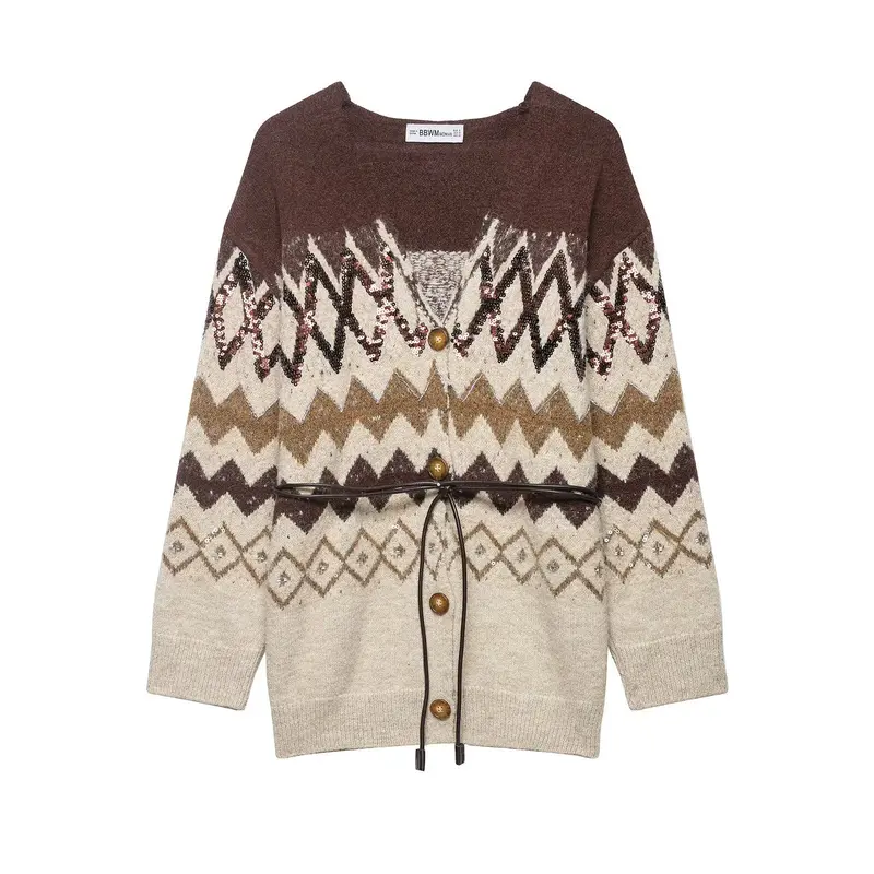 Damen Strickcardigan mit Zickzack-Jacquard, Paillettenbesatz und Taillengürtel Drune
