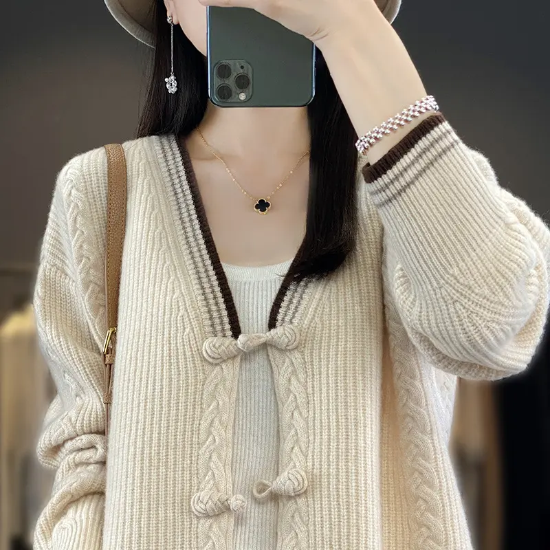 Damen Strickcardigan mit Zopfmuster und dekorativen Knotenverschlüssen Drune