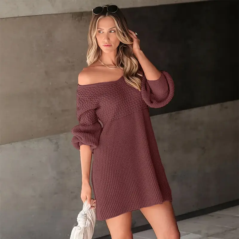 Damen Strickkleid mit V-Ausschnitt und Ballonärmeln Drune