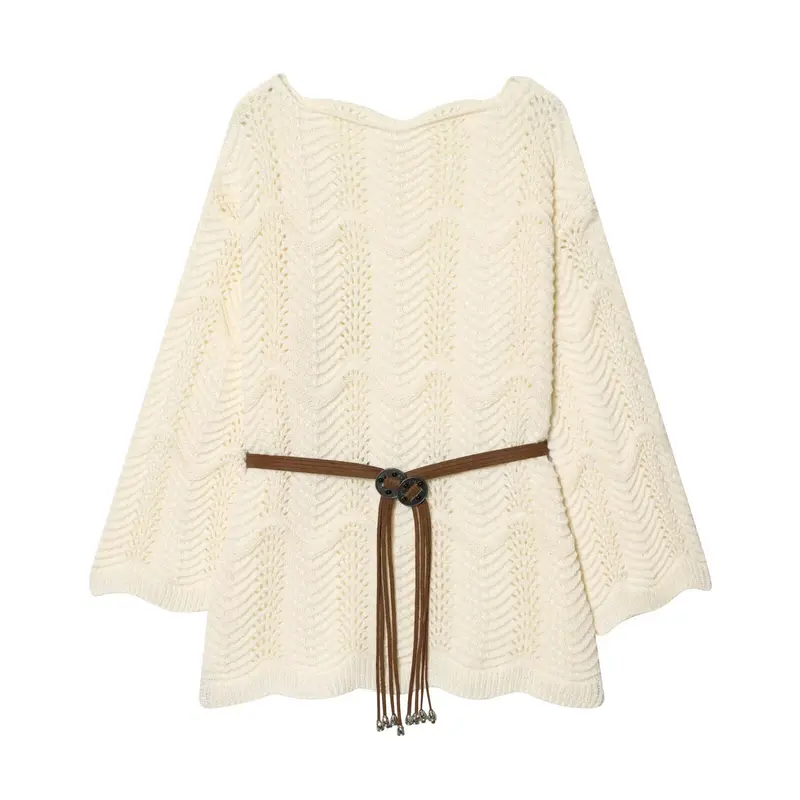 Damen Strickponcho mit Zickzack‑Ajourmuster und Taillengürtel Drune