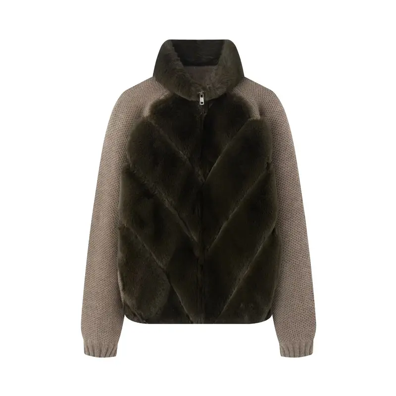 Damen Strickpullover-Jacke mit gesteppter Faux-Fur-Front und hohem Stehkragen Drune