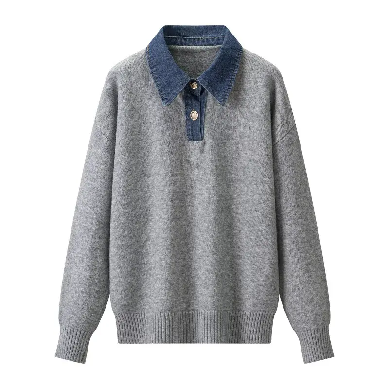 Damen Strickpullover mit Denimkragen und zweiknopf-Poloblende Drune