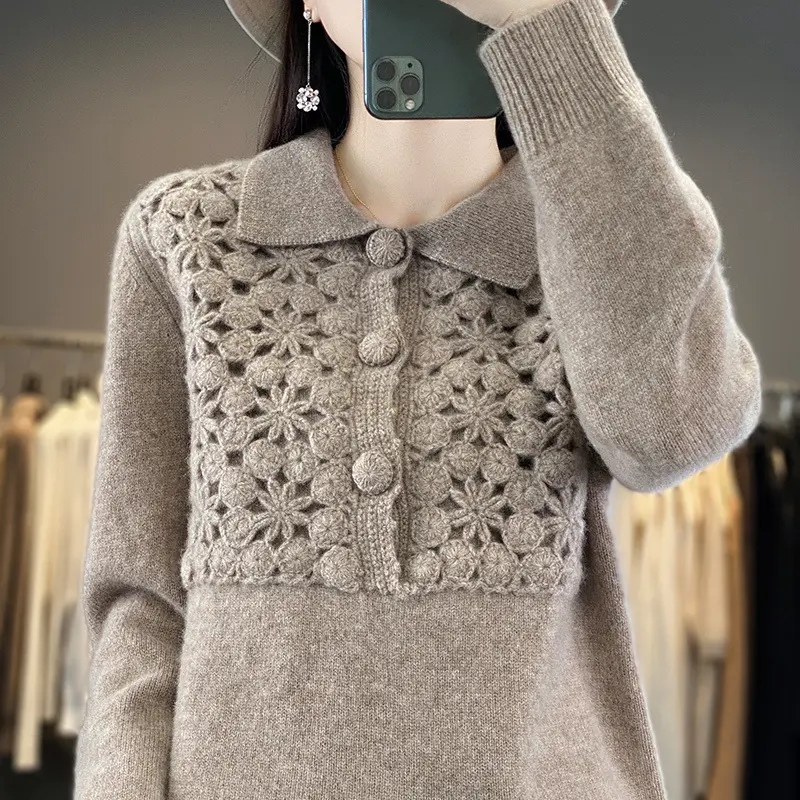 Damen Strickpullover mit gehäkelter Ajour‑Blende und Polokragen Drune