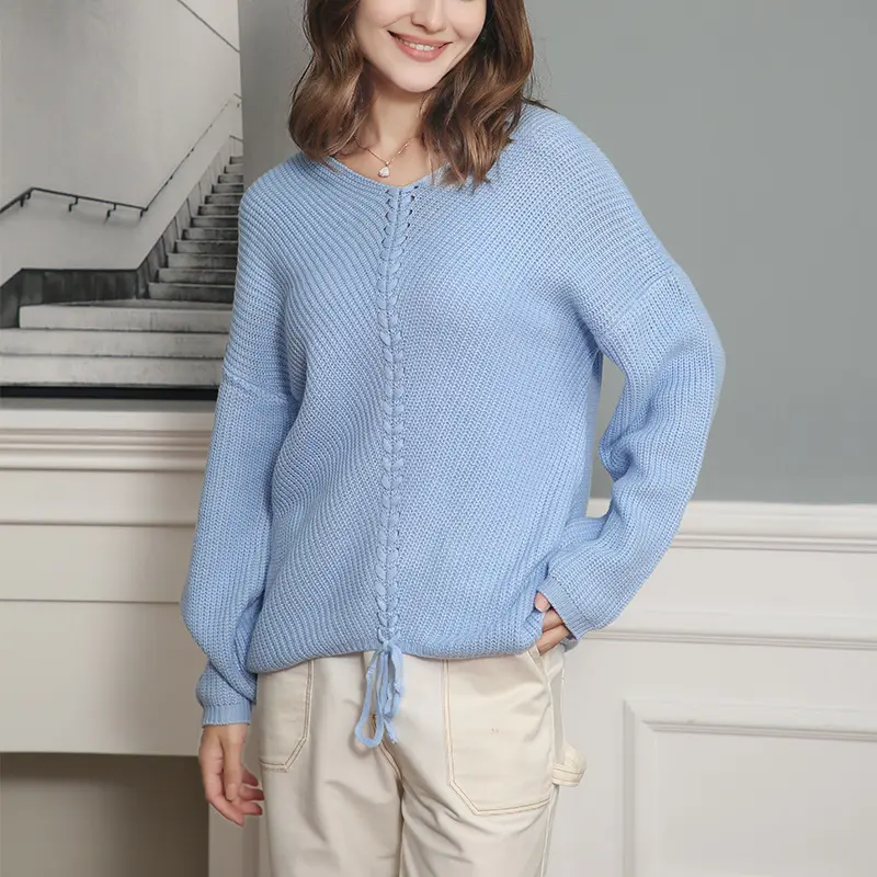 Damen Strickpullover mit Zopfmittelnaht, V‑Ausschnitt und Kordelzug Drune