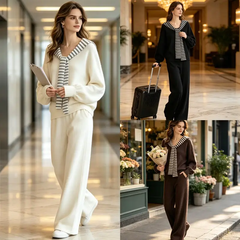 Damen Strickset mit Matrosenkragen-Pullover und weiter Culottehose Drune