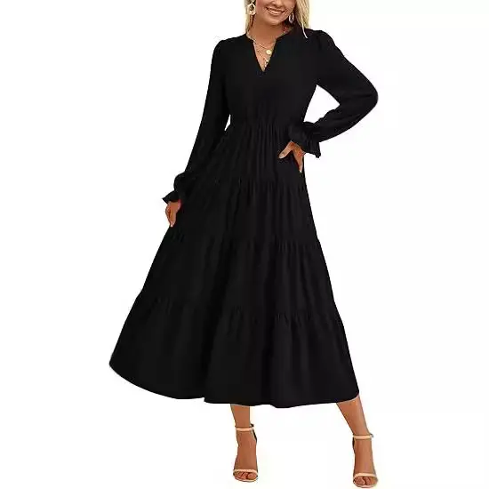 Damen Stufiges Midikleid mit V-Ausschnitt, geraffter Taillennaht und Rüschenmanschetten Drune