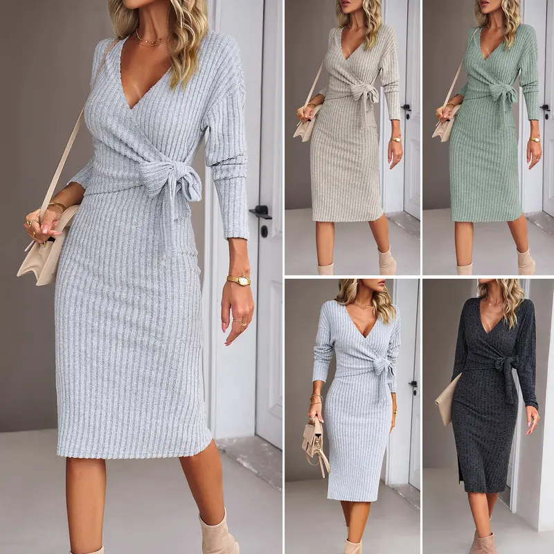 Damen Stylishes Wickelkleid im Rippstrickdesign Drune