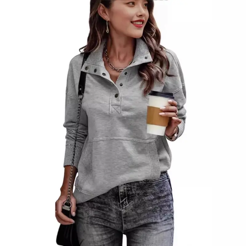 Damen Sweatpullover mit Stehkragen-Knopfleiste und Kängurutasche Drune