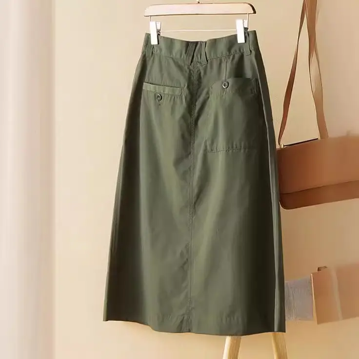 Damen Taillenhoher Midirock mit Eingrifftaschen, mittiger Naht und A‑Linie Drune