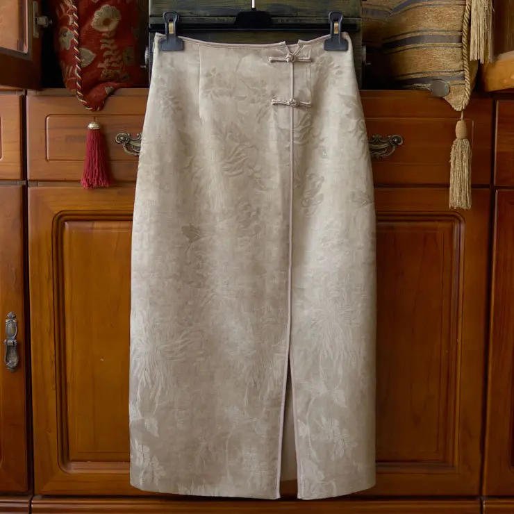 Damen Taillenhoher Midirock mit floralem Jacquard, vorderem Schlitz & Zier-Froschverschluss Drune