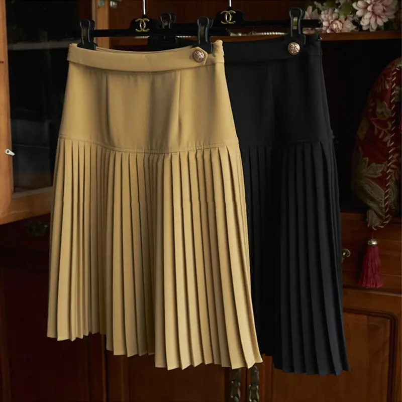 Damen Taillenhoher plissierter Midirock mit Zierknopf und soften Falten Drune