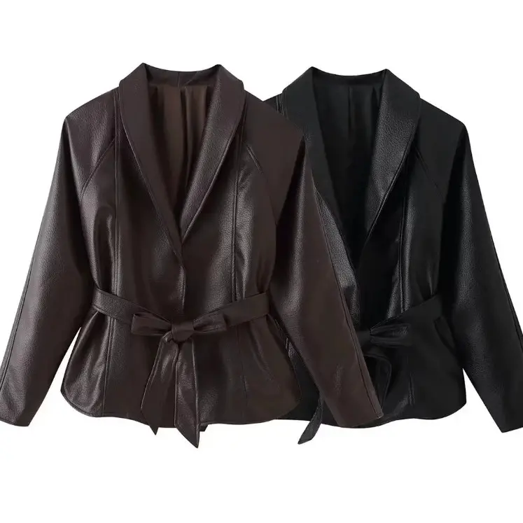 Damen Taillierte Blazerjacke aus Lederimitat mit Schalkragen und Bindegürtel Drune