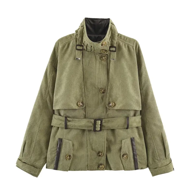 Damen Taillierte Cord‑Kurzjacke mit Bindegürtel, hohem Stehkragen und Pattentaschen Drune