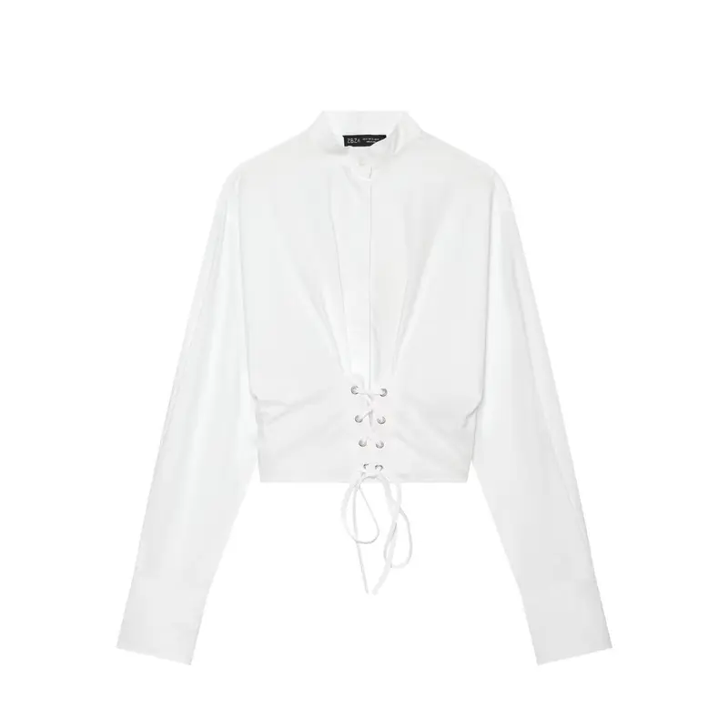 Damen Taillierte Cropped-Bluse mit Stehkragen, Schnürung und langen Manschetten Drune