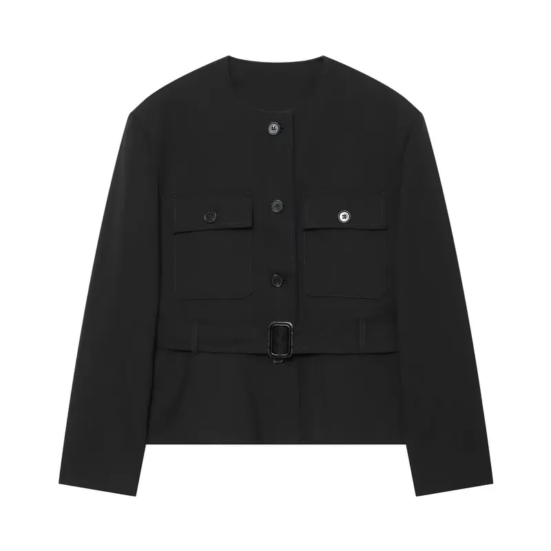 Damen Taillierte Cropped‑Jacke mit Gürtel, Pattentaschen und Rundhals Drune