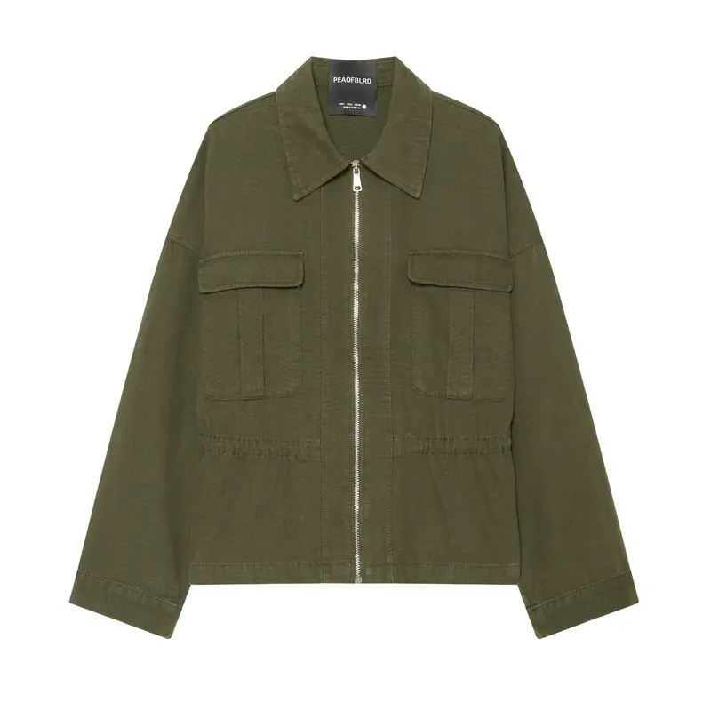 Damen Taillierte Cropped Utility‑Jacke mit durchgehendem Reißverschluss und Pattentaschen Drune