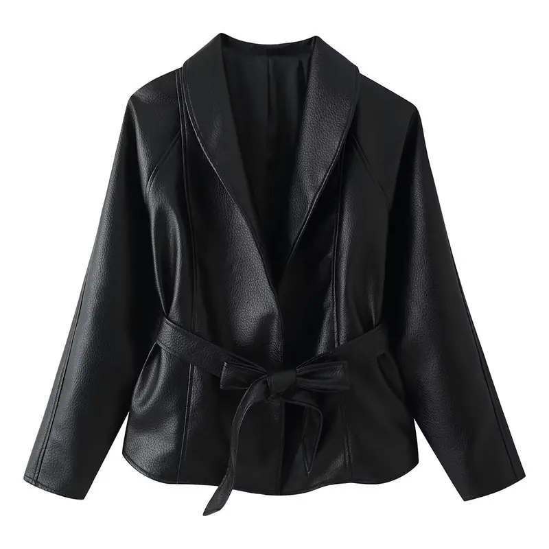 Damen Taillierte Kunstleder-Jacke mit Schalkragen und Bindegürtel Drune