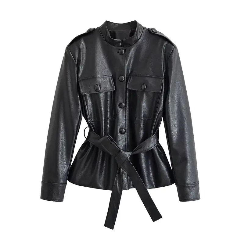 Damen Taillierte Kunstlederjacke mit Bindegürtel, Stehkragen und Pattentaschen Drune