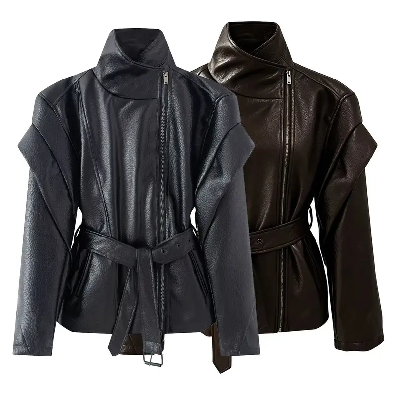 Damen Taillierte Kunstlederjacke mit hohem Stehkragen, asymmetrischem Reißverschluss und Bindegürtel Drune